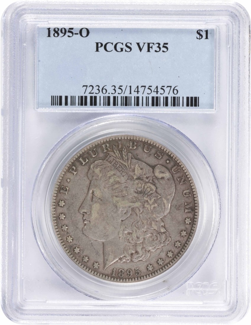1895-O Morgan Silver Dollar VF35 PCGS Certified Coin: 1895-O Morgan Silver Dollar VF35 PCGS Certified Coin This 1895-O Morgan Silver Dollar is an exquisite example of American coinage, featuring a grade of VF35 as certified by PCGS. Struck in 1895 at the