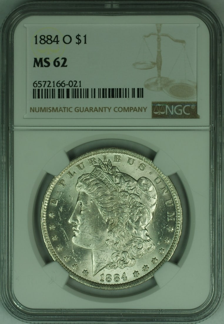 NGC MS-62 Graded 1884-O Morgan Dollar Silver Coin New Orleans Mint: NGC MS-62 Graded 1884-O Morgan Dollar Silver Coin New Orleans Mint This 1884-O Morgan Silver Dollar is certified by NGC with a grade of MS-62. Minted in New Orleans, this uncirculated coin is composed