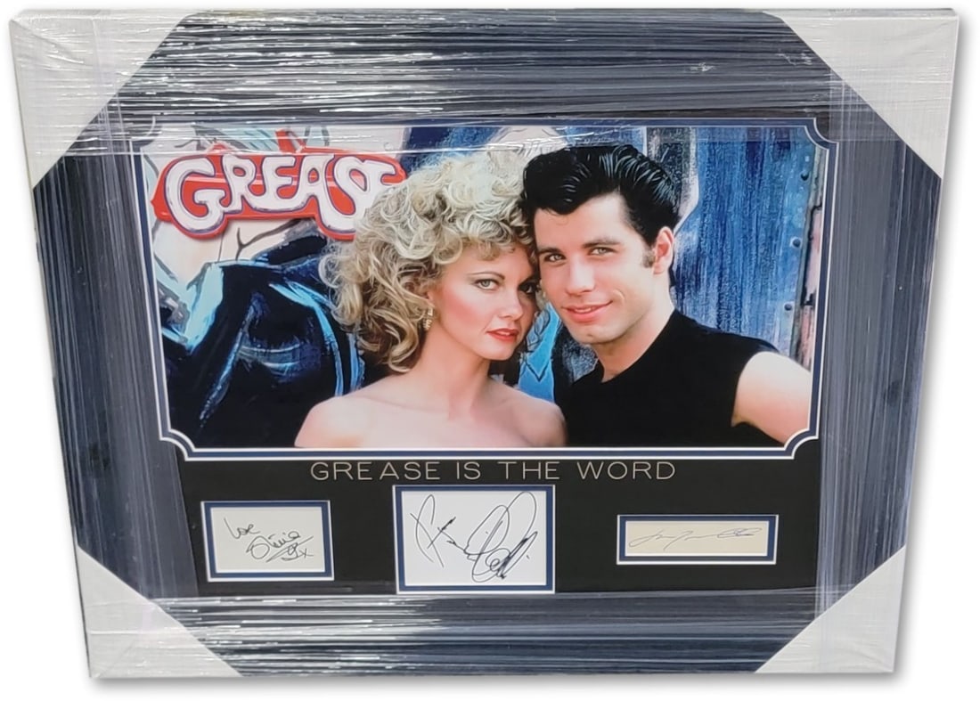 Grease Multi Signed Framed Collage John Travolta Olivia Newton John Beckett Authenticated: Grease Multi Signed Framed Collage John Travolta Olivia Newton John Beckett Authenticated This striking framed collage features autographs from iconic stars of the classic film "Grease". Signed by Joh