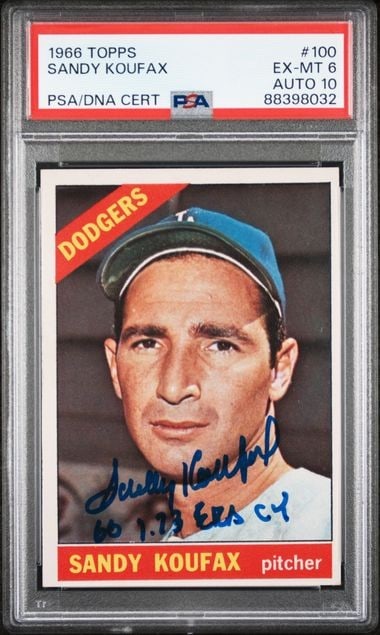 Sandy Koufax 1966 Topps Hand Signed Baseball Card PSA 6 Auto 10 Dodgers: Sandy Koufax 1966 Topps Hand Signed Baseball Card PSA 6 Auto 10 Dodgers This is a 1966 Topps baseball card featuring the legendary pitcher Sandy Koufax, hand signed for authenticity. Koufax, known for