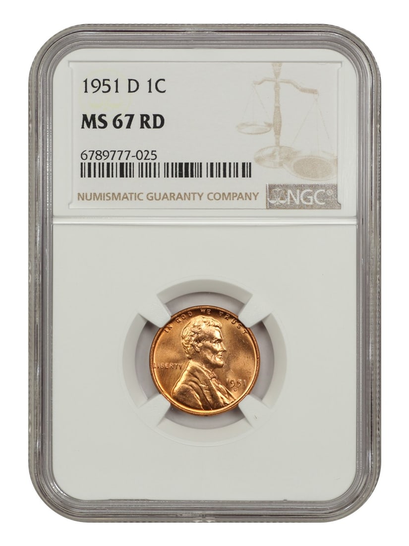 1951 Denver Lincoln Wheat Cent NGC MS67 Red: 1951 Denver Lincoln Wheat Cent NGC MS67 Red This 1951-D Lincoln Cent features the Wheat Reverse design and has been certified by NGC as MS67RD. Struck in Denver, this uncirculated coin is designated w