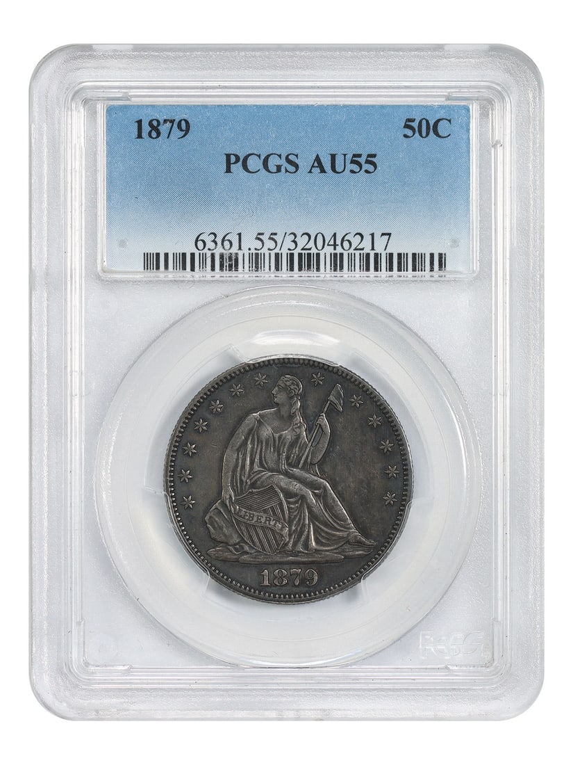 1879 Liberty Seated Half Dollar PCGS AU55 Certified 50C Coin: 1879 Liberty Seated Half Dollar PCGS AU55 Certified 50C Coin This 1879 Liberty Seated Half Dollar is certified by PCGS with a grade of AU55. Struck at the Philadelphia Mint, it is a low mintage coin w