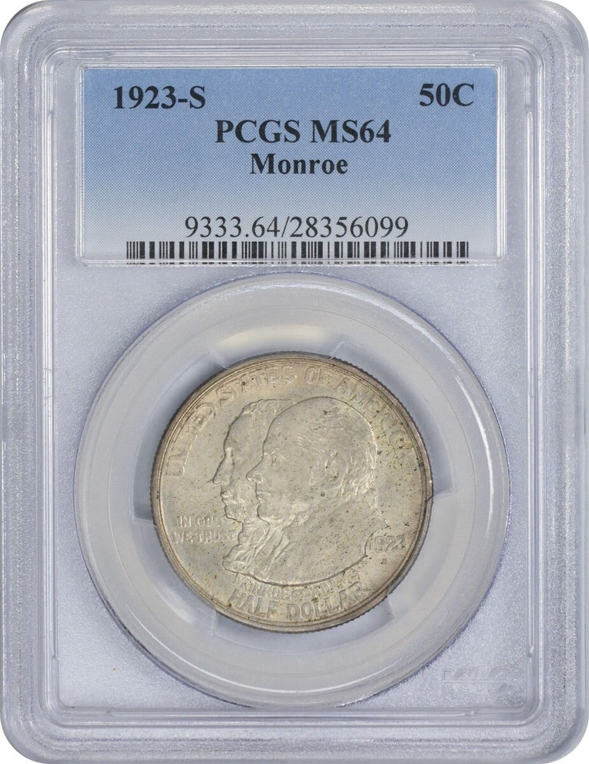 PCGS MS64 1923-S Monroe Silver Commemorative Half Dollar Coin: PCGS MS64 1923-S Monroe Silver Commemorative Half Dollar Coin This is a 1923-S Monroe Commemorative Half Dollar, struck at the San Francisco Mint. Graded MS64 by PCGS, this uncirculated coin is compos