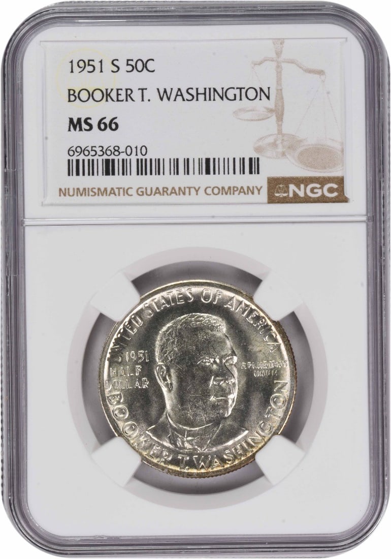 1951-S Booker T. Washington Silver Commemorative Half Dollar NGC MS66: 1951-S Booker T. Washington Silver Commemorative Half Dollar NGC MS66 This 1951-S Booker T. Washington Commemorative Half Dollar is graded MS66 by NGC. Struck at the San Francisco Mint, this uncircula