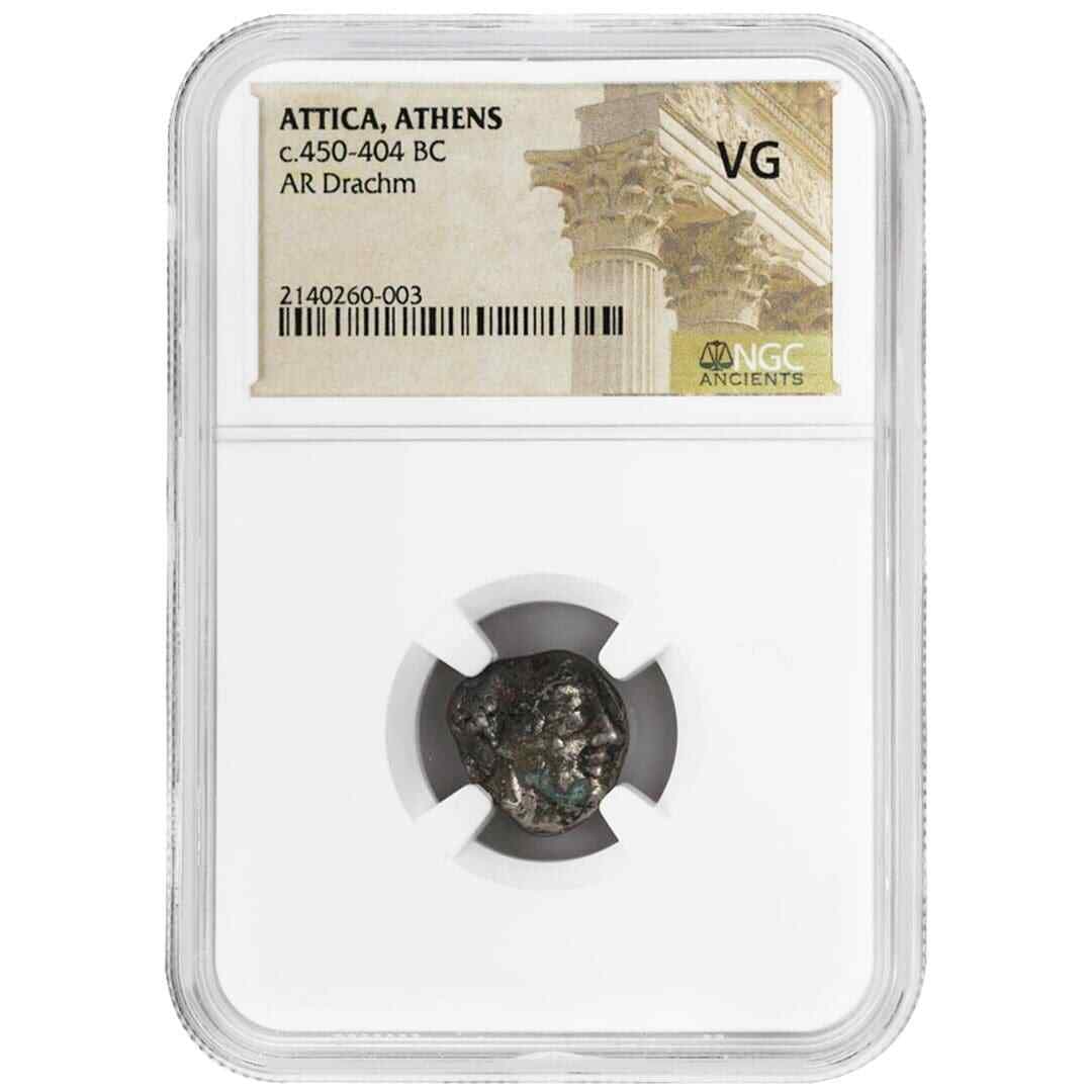 Ancient Athens Silver Drachm Greece NGC VG Certified c.450-404 BC: Ancient Athens Silver Drachm Greece NGC VG Certified c.450-404 BC This rare ancient silver drachm originates from Attica, Athens, and dates to approximately 450-404 BC. The coin is certified by NGC an