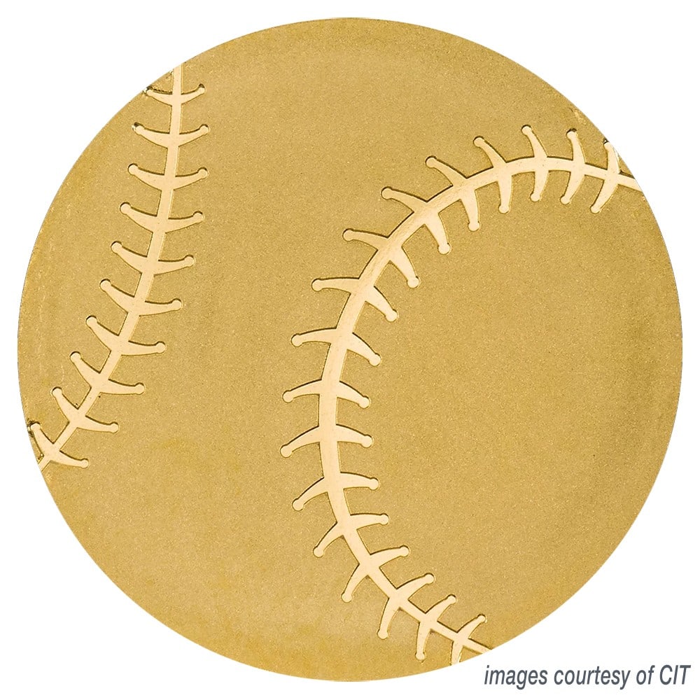 2022 Palau One Dollar Baseball Coin 0.016 oz 9999 Gold: 2022 Palau One Dollar Baseball Coin 0.016 oz 9999 Gold This 2022 $1 gold coin from the Republic of Palau is crafted from .9999 fine gold and weighs .016 oz. The coin's design highlights the seams of a