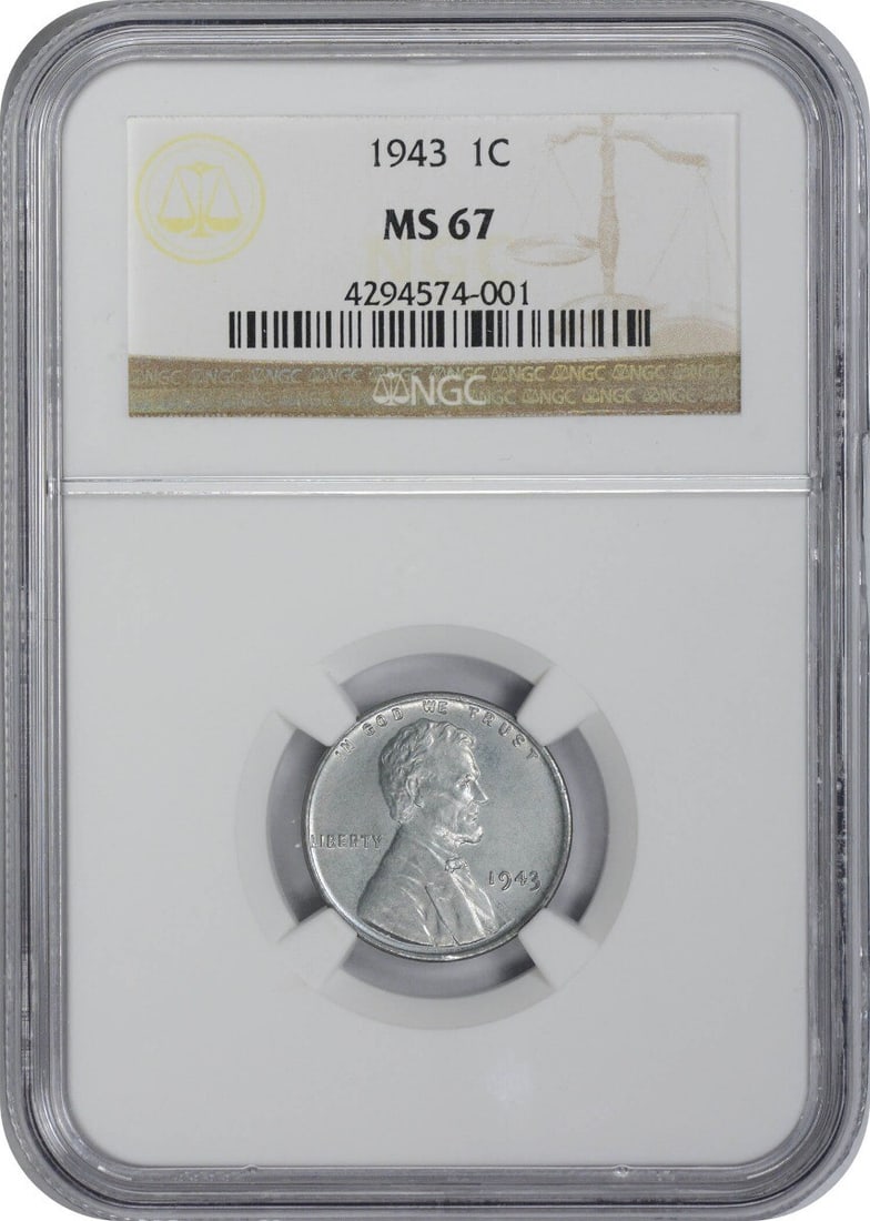 1943 NGC MS67 Steel Lincoln Wheat Cent Philadelphia Mint: 1943 NGC MS67 Steel Lincoln Wheat Cent Philadelphia Mint This 1943 Steel Lincoln Cent is a stunning example of numismatic excellence, graded MS67 by NGC, which signifies its uncirculated condition. Mi