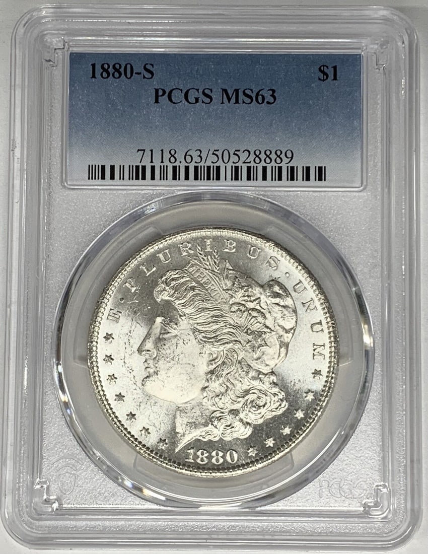 PCGS MS 63 1880-S Morgan Dollar Silver Coin United States: PCGS MS 63 1880-S Morgan Dollar Silver Coin United States This is an 1880-S Morgan Silver Dollar graded MS 63 by PCGS. The coin is uncirculated and composed of silver, originating from the United Stat