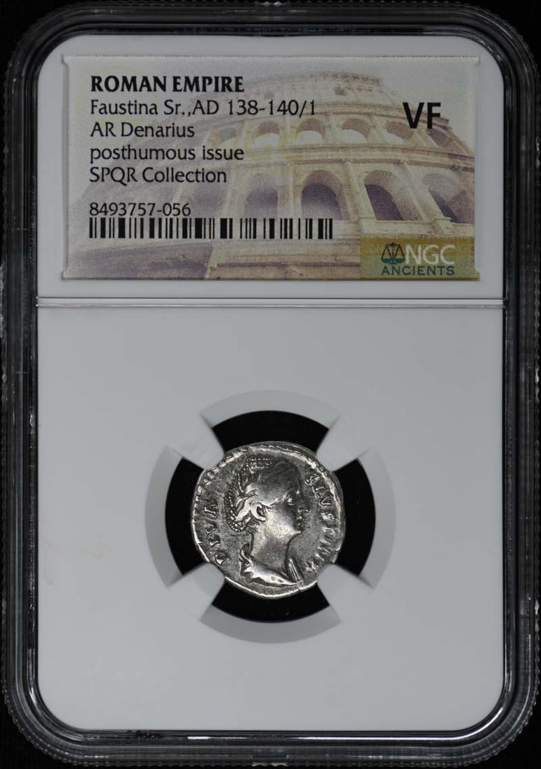 NGC VF20 Roman Denarius Coin Faustina Sr AD 138-140: NGC VF20 Roman Denarius Coin Faustina Sr AD 138-140 This Roman Empire AR Denarius from the reign of Faustina Sr. (AD 138-140/1) is certified by NGC with a grade of VF20. The coin originates from Italy