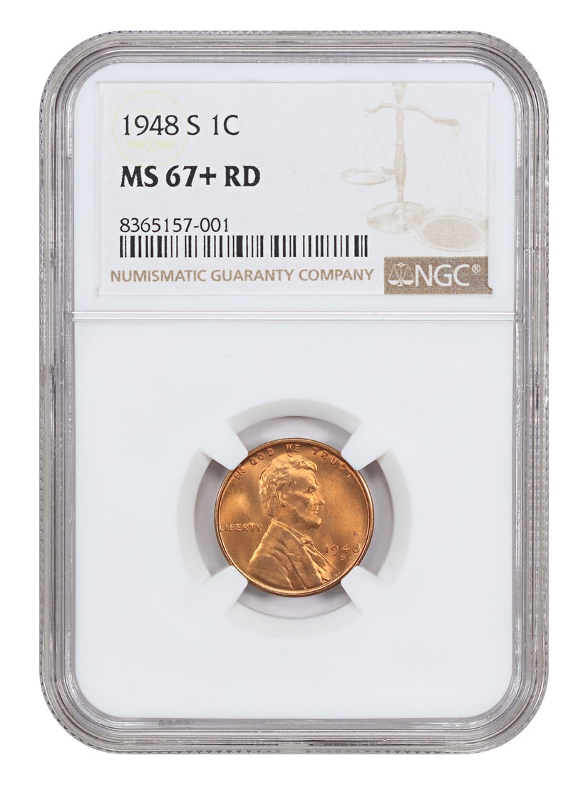 1948-S Lincoln Wheat Cent NGC MS67+ Red San Francisco Mint: 1948-S Lincoln Wheat Cent NGC MS67+ Red San Francisco Mint This is a 1948-S Lincoln Cent (Wheat Reverse) graded MS67+RD by NGC. The coin is uncirculated and features a red designation, indicating its