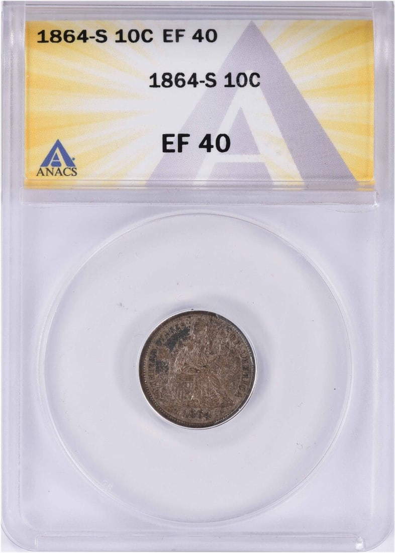 1864 San Francisco Seated Liberty Dime ANACS EF40 Certified Silver Coin: 1864 San Francisco Seated Liberty Dime ANACS EF40 Certified Silver Coin This 1864-S Liberty Seated Silver Dime is a circulated United States coin certified by ANACS with an EF40 (Extra Fine) grade. Mi