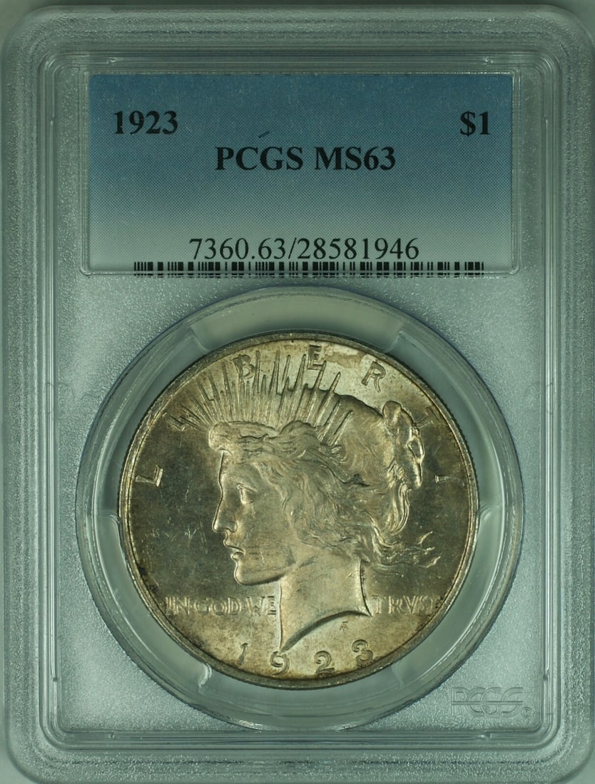 1923 Peace Dollar PCGS MS63 Graded Silver Coin: 1923 Peace Dollar PCGS MS63 Graded Silver Coin This is a 1923 Peace Silver Dollar graded MS63 by PCGS. The coin was minted in Philadelphia and remains uncirculated. It is composed of silver and has a