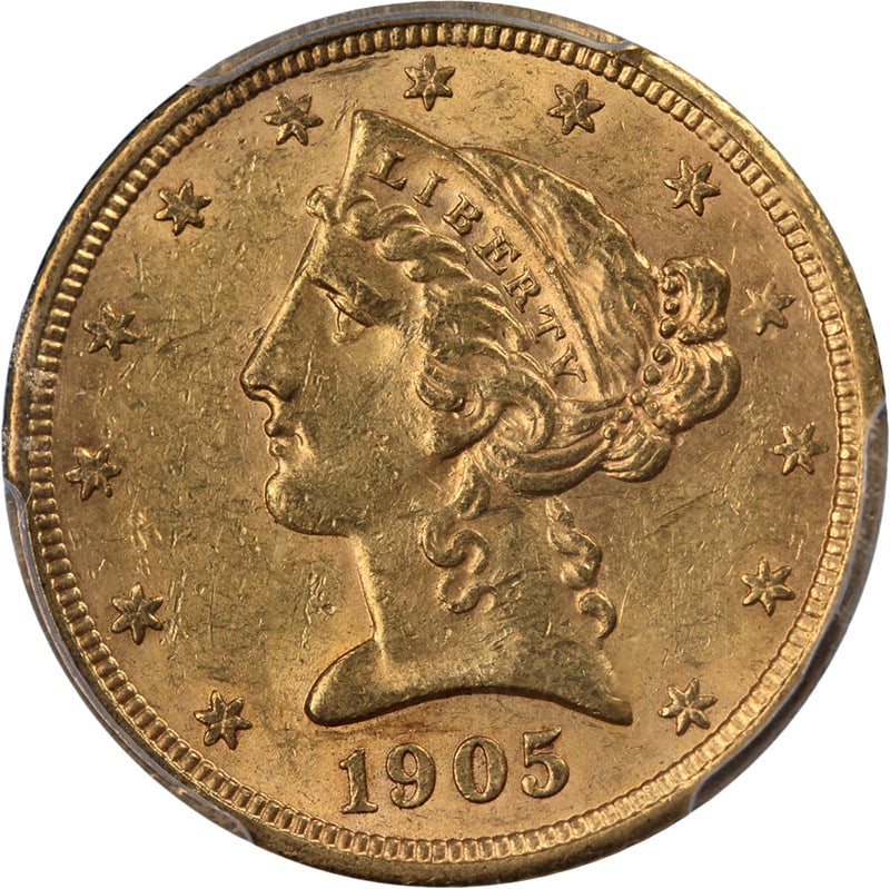 PCGS MS62 1905-S Liberty Head $5 Gold Coin United States: PCGS MS62 1905-S Liberty Head $5 Gold Coin United States This original 1905-S Liberty Gold $5 coin features attractive eye appeal, nice luster, and a well-defined strike. The coin displays pleasing co
