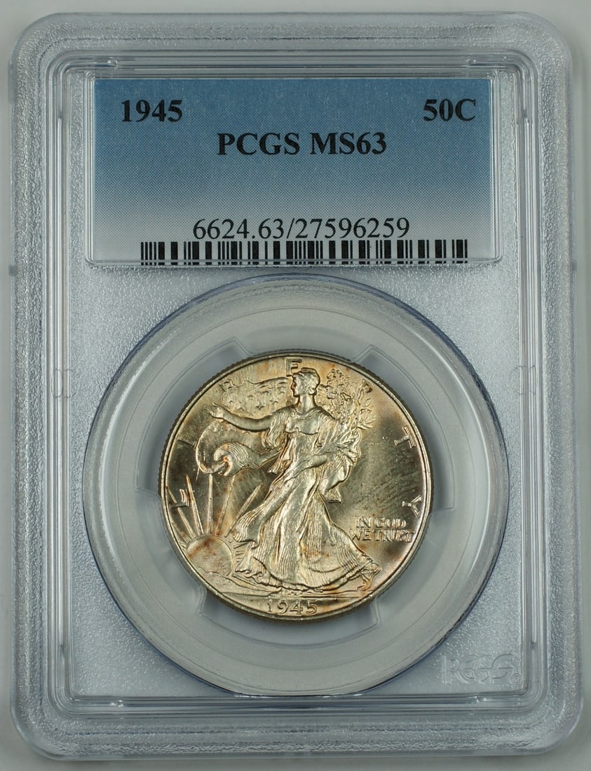 PCGS MS 63 1945 Walking Liberty Half Dollar Silver Coin in New Holder: PCGS MS 63 1945 Walking Liberty Half Dollar Silver Coin in New Holder This 1945 Walking Liberty Silver Half Dollar is graded MS-63 by PCGS and features a lightly toned surface. The coin is uncirculate
