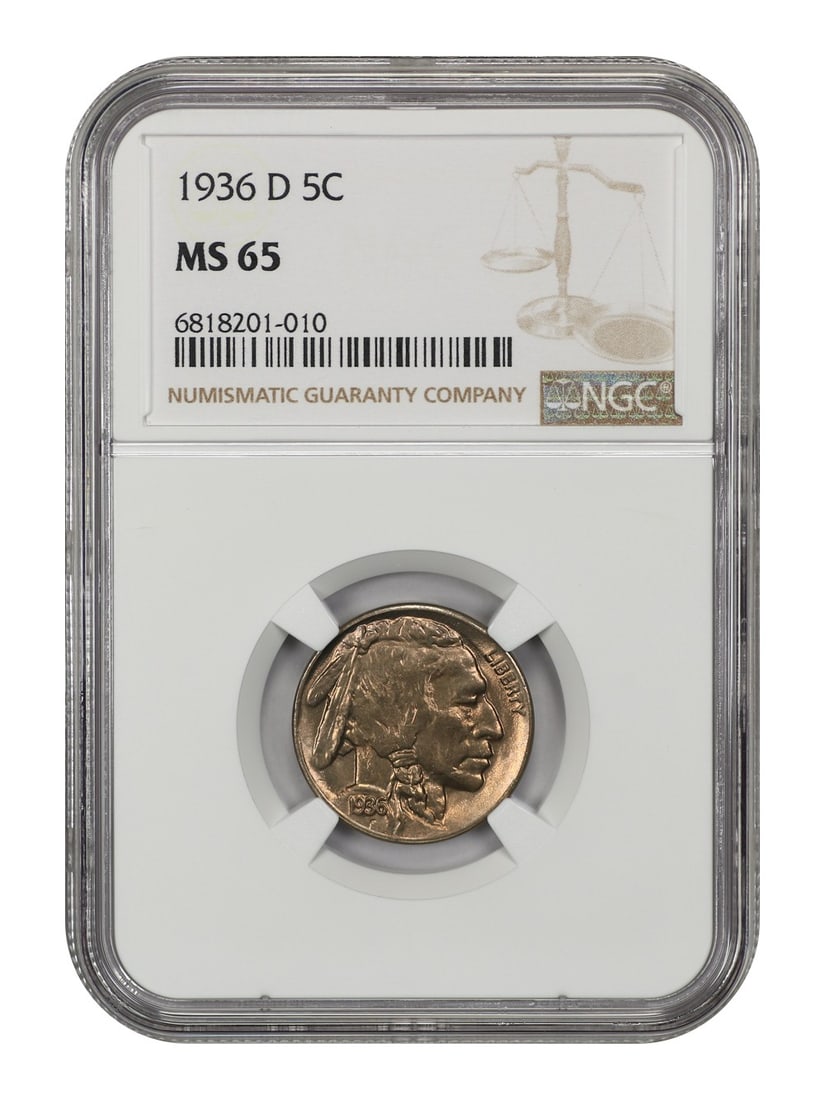 1936 Denver Buffalo Nickel 5C NGC MS65 Graded Uncirculated Coin: 1936 Denver Buffalo Nickel 5C NGC MS65 Graded Uncirculated Coin This is a 1936-D Buffalo Nickel graded MS65 by NGC. Struck at the Denver Mint, this uncirculated coin is part of the Buffalo Nickel seri