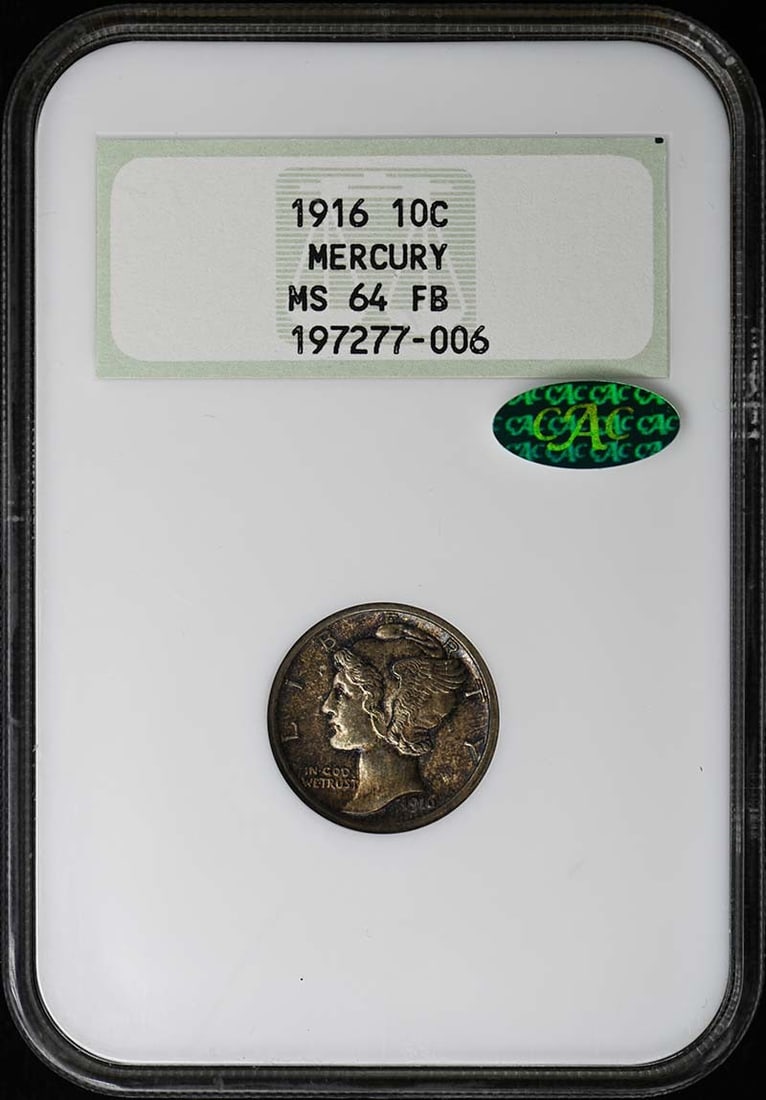 1916 Mercury Dime Full Bands NGC MS64 CAC Philadelphia: 1916 Mercury Dime Full Bands NGC MS64 CAC Philadelphia This is a 1916 Mercury Dime from the Philadelphia Mint, graded MS64 by NGC with a CAC designation. The coin is uncirculated and features the FB (