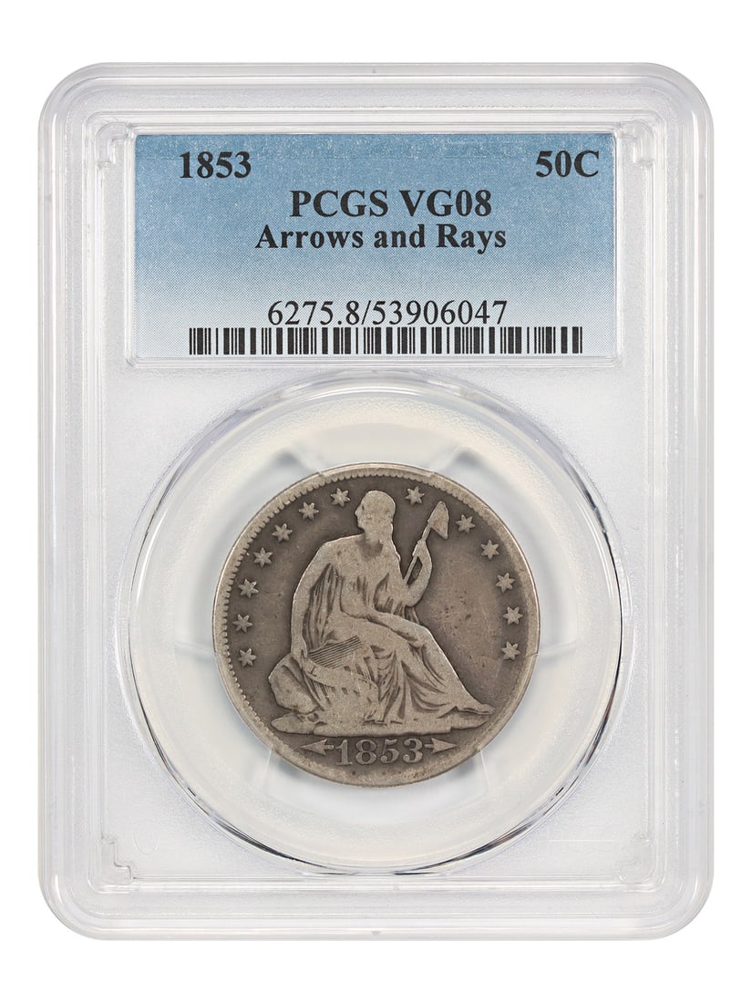 1853 Liberty Seated Half Dollar Arrows and Rays PCGS VG08: 1853 Liberty Seated Half Dollar Arrows and Rays PCGS VG08 This 1853 Liberty Seated Half Dollar features the distinctive Arrows and Rays design, produced for only one year before the rays were removed
