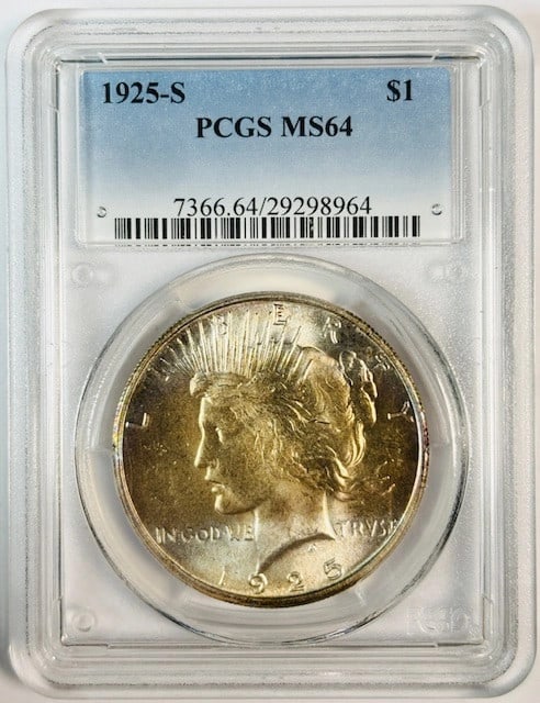 PCGS MS64 1925 San Francisco Peace Silver Dollar: PCGS MS64 1925 San Francisco Peace Silver Dollar This 1925 S Peace Dollar is graded MS-64 by PCGS and is composed of silver. Minted in San Francisco, it remains uncirculated and is a pre-owned collect