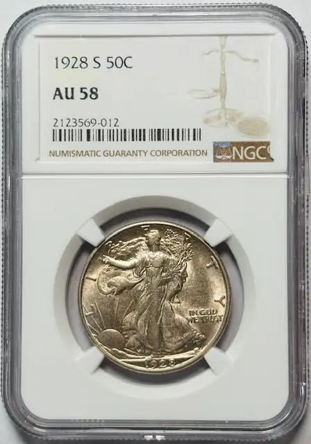 1928 San Francisco Silver Half Dollar NGC AU 58: 1928 San Francisco Silver Half Dollar NGC AU 58 This 1928 S Walking Liberty Half Dollar is graded AU-58 by NGC and is composed of silver. Minted at the San Francisco Mint, this pre-owned coin is circu