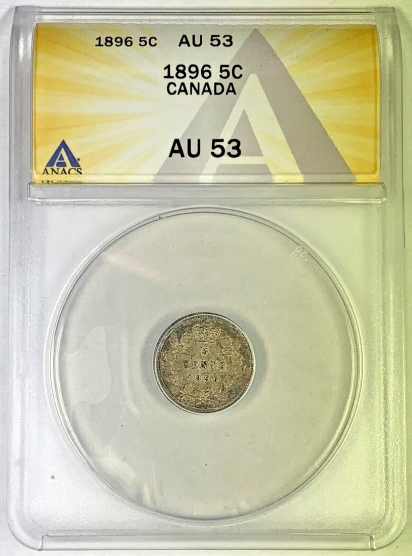 Canada 5 Cent Silver Coin 1896 ANACS Graded AU 53: Canada 5 Cent Silver Coin 1896 ANACS Graded AU 53 This 1896 Canada 5 Cent coin is composed of silver and has been certified by ANACS with a grade of AU 53. Issued in 1896, this circulated coin represe