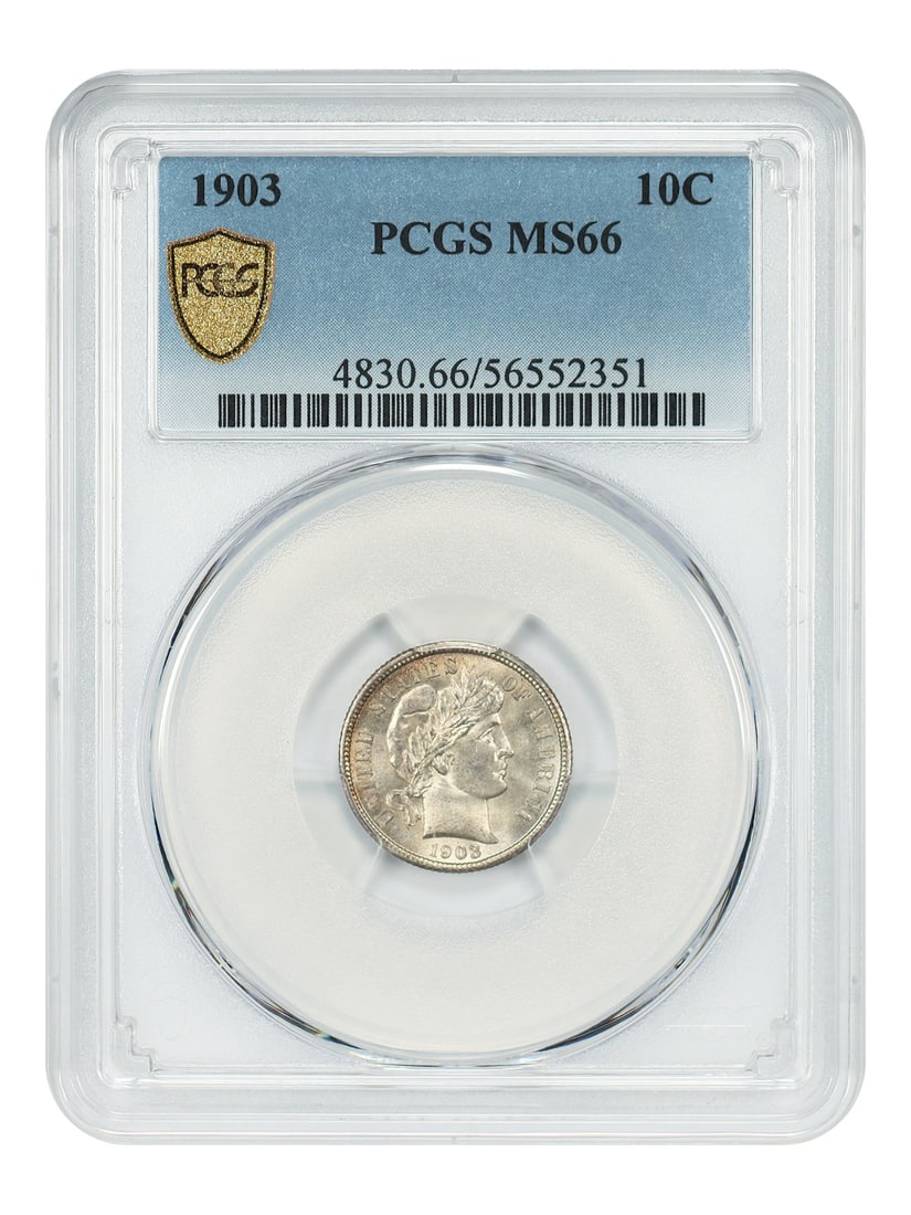 PCGS MS66 Graded 1903 Barber Dime Philadelphia Mint 10 Cent Coin: PCGS MS66 Graded 1903 Barber Dime Philadelphia Mint 10 Cent Coin This 1903 Barber Dime is graded MS66 by PCGS and features sharply struck, satiny smooth surfaces with deep golden toning. Minted in Phi