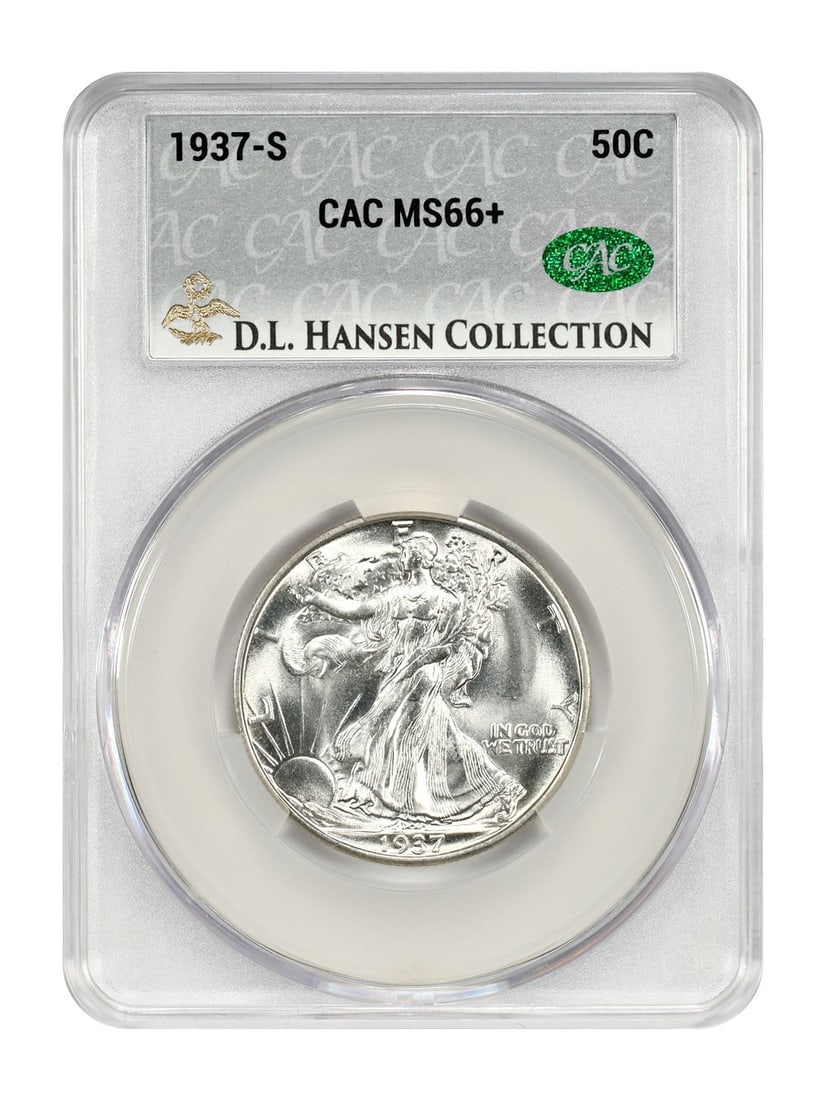 1937-S Walking Liberty Half Dollar CACG MS66 Plus ex D L Hansen: 1937-S Walking Liberty Half Dollar CACG MS66 Plus ex D L Hansen This 1937-S Walking Liberty Half Dollar is a CACG-certified, uncirculated coin graded MS66+. It features fully struck details with frost