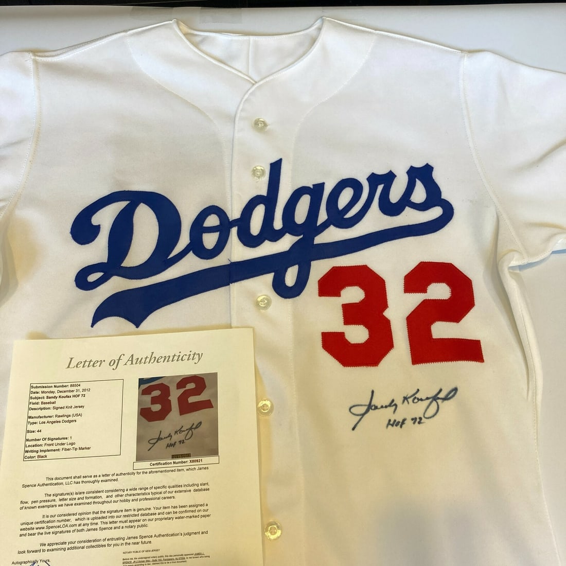 Sandy Koufax Signed Vintage Dodgers Jersey Hall Of Fame 1972 JSA: Sandy Koufax Signed Vintage Dodgers Jersey Hall Of Fame 1972 JSA This is a vintage Los Angeles Dodgers jersey signed by Sandy Koufax, who was inducted into the Hall of Fame in 1972. The jersey is an o