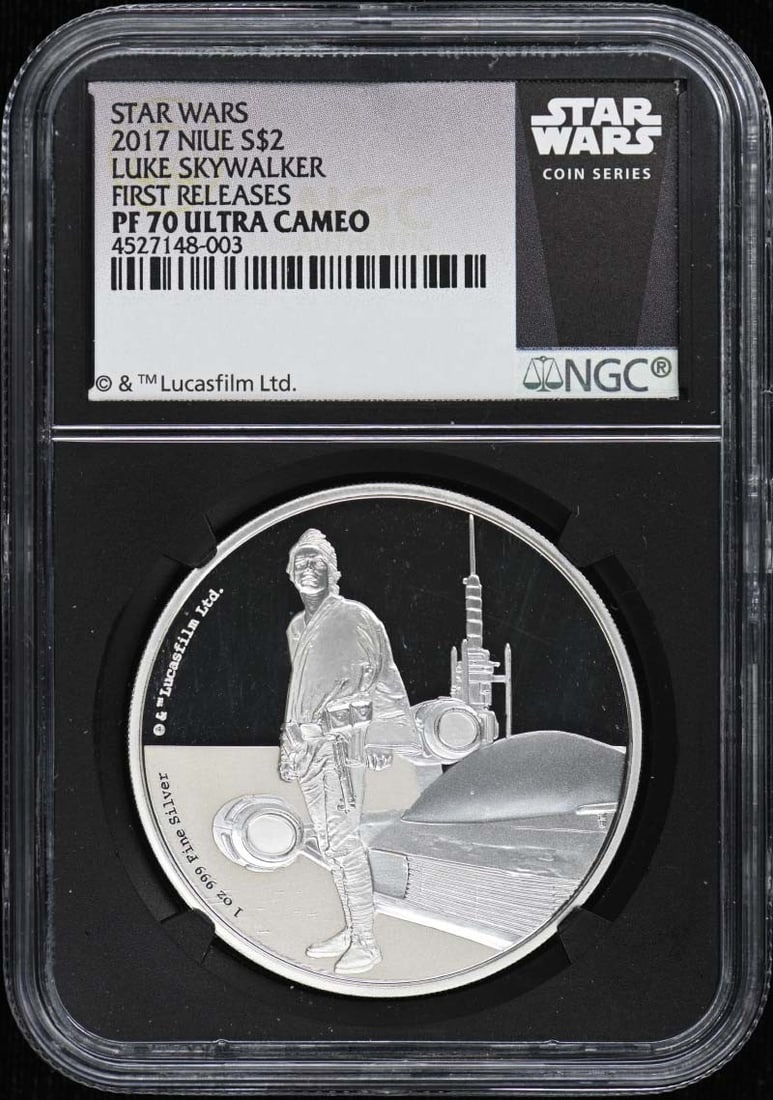 Luke Skywalker 2017 Niue Silver $2 Coin NGC PR70 First Releases: Luke Skywalker 2017 Niue Silver $2 Coin NGC PR70 First Releases This 2017 Niue Luke Skywalker $2 coin is a first release graded PR70DCAM by NGC. The coin is uncirculated and features a proof finish, m