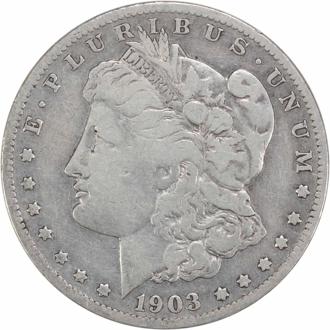 1903-S Morgan Silver Dollar 90% Silver F Uncertified Coin: 1903-S Morgan Silver Dollar 90% Silver F Uncertified Coin This 1903-S Morgan Silver Dollar showcases the artistry of designer George T. Morgan, featuring a striking profile of Lady Liberty on the obve