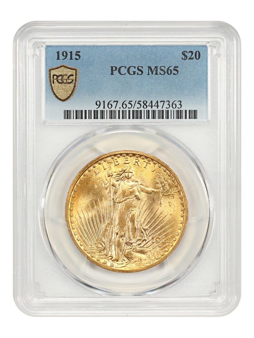 1915 St Gaudens $20 Gold Double Eagle PCGS MS65 Philadelphia: 1915 St Gaudens $20 Gold Double Eagle PCGS MS65 Philadelphia This 1915 $20 St. Gaudens gold coin is graded MS65 by PCGS and was minted in Philadelphia. Featuring sharply detailed design elements and l