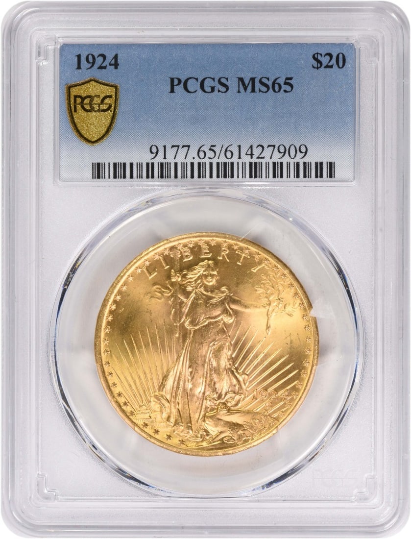 1924 Saint Gaudens $20 Gold Coin MS65 Graded by PCGS: 1924 Saint Gaudens $20 Gold Coin MS65 Graded by PCGS This 1924 $20 Gold St. Gaudens coin is graded MS65 by PCGS. Crafted in gold, it is an uncirculated example from the United States, produced prior t