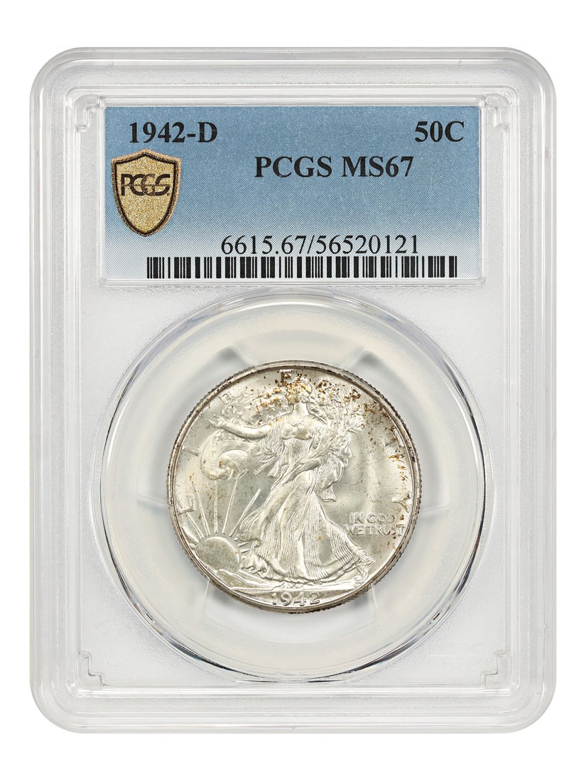 PCGS MS67 1942 Denver Walking Liberty Half Dollar 50C Uncirculated: PCGS MS67 1942 Denver Walking Liberty Half Dollar 50C Uncirculated This is a 1942-D Walking Liberty Half Dollar, graded MS67 by PCGS. Minted in Denver, this uncirculated coin is part of the Walking Li
