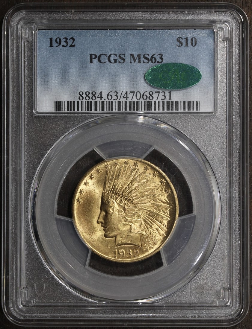 1932 $10 Indian Head Gold Eagle MS63 PCGS CAC Certified Coin: 1932 $10 Indian Head Gold Eagle MS63 PCGS CAC Certified Coin This 1932 Indian Head Gold Eagle is an uncirculated $10 coin graded MS63 by PCGS and certified by CAC. Struck in Philadelphia before 1933,