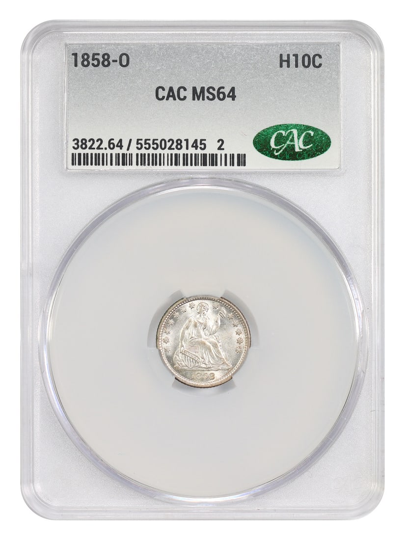 1858-O Liberty Seated Half Dime CACG MS64 New Orleans Mint: 1858-O Liberty Seated Half Dime CACG MS64 New Orleans Mint This 1858-O Liberty Seated Half Dime is an uncirculated coin graded MS64 by CACG. Minted in New Orleans, it features the classic Liberty Seat