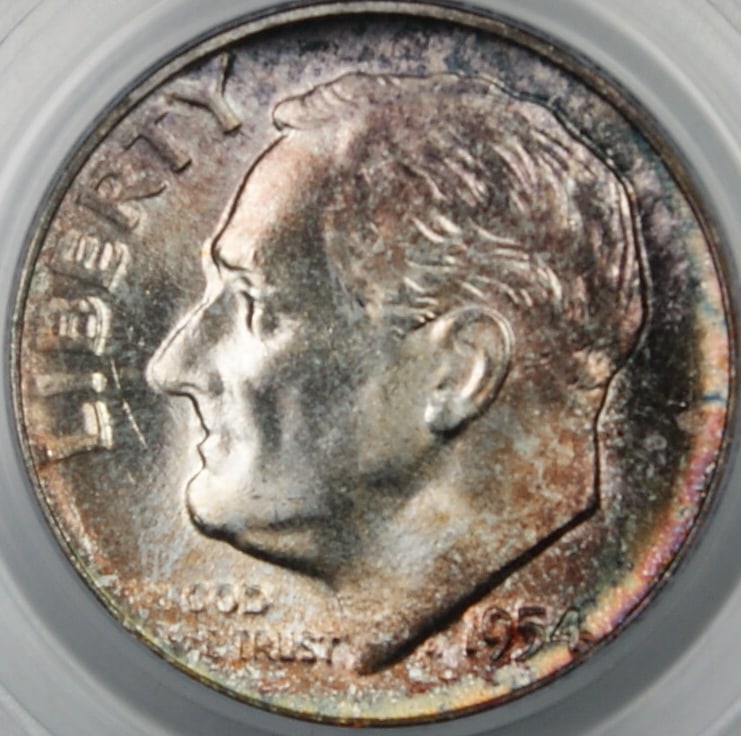 PCGS MS-66 1954 Roosevelt Silver Dime Toned Uncirculated Coin: PCGS MS-66 1954 Roosevelt Silver Dime Toned Uncirculated Coin This 1954 Silver Roosevelt Dime is graded MS-66 by PCGS and features brilliant, attractive toning. Struck at the Philadelphia Mint, this u