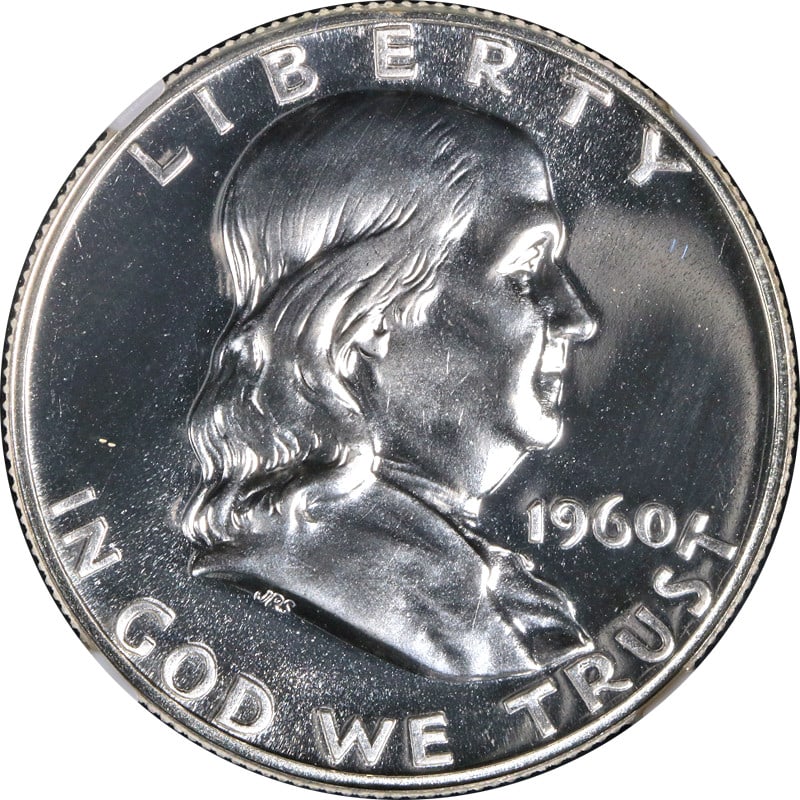 NGC PF68 1960 Philadelphia Franklin Silver Half Dollar Proof Coin: NGC PF68 1960 Philadelphia Franklin Silver Half Dollar Proof Coin This 1960-P Franklin Half Dollar Proof is certified by NGC with a PF68 grade. Featuring a blazing white appearance, this uncirculated