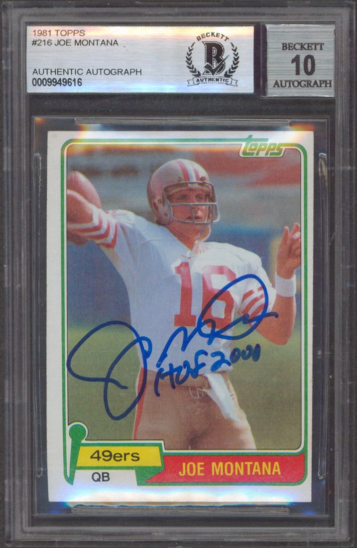 Joe Montana Signed 1981 Topps #216 RC HOF 2000 Gem Mint 10 BAS Slabbed: Joe Montana Signed 1981 Topps #216 RC HOF 2000 Gem Mint 10 BAS Slabbed This is a remarkable 1981 Topps #216 Rookie Card of Joe Montana, personally signed and graded Gem Mint 10 by Beckett Authenticati