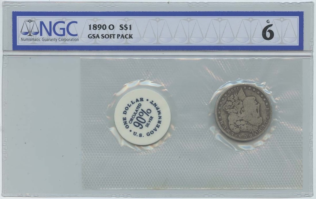 1890-O Morgan Silver Dollar NGC G6 GSA Soft Pack New Orleans Mint: 1890-O Morgan Silver Dollar NGC G6 GSA Soft Pack New Orleans Mint This 1890-O Morgan Dollar is an authentic United States silver coin minted in New Orleans. It is graded G6 by NGC and comes in a GSA s