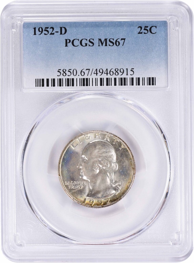 MS67 PCGS 1952-D Silver 25C Washington Quarter from Denver Mint: MS67 PCGS 1952-D Silver 25C Washington Quarter from Denver Mint This 1952-D Washington Quarter is composed of 90% silver and 10% copper, minted in Denver. Graded MS67 by PCGS, this coin features the c