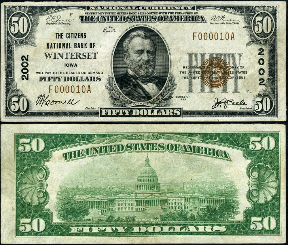 1929 T-1 $50 National Bank Note Citizens NB Winterset IA XF: 1929 T-1 $50 National Bank Note Citizens NB Winterset IA XF This is a $50 National Bank Note from Winterset, Iowa, issued in 1929 (Type T-1). The note is graded as Extremely Fine (XF), indicating that