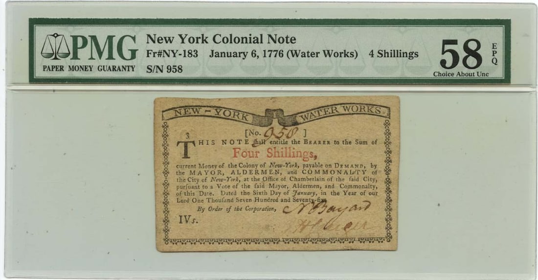 New York Colonial 4 Shillings Note 1776 PMG AU58 January 6 Issue: New York Colonial 4 Shillings Note 1776 PMG AU58 January 6 Issue This is a 4 Shillings New York Colonial note dated January 6, 1776. Certified by PMG with a grade of AU58 EPQ, this pre-owned note repr