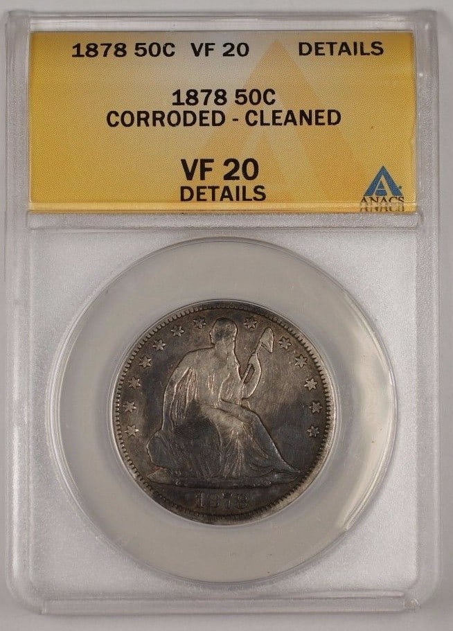 ANACS VF-20 Details 1878 Seated Liberty 50 Cent Silver Coin San Francisco: ANACS VF-20 Details 1878 Seated Liberty 50 Cent Silver Coin San Francisco This 1878 US Seated Liberty 50c coin is certified by ANACS with a grade of VF-20 Details. The coin is composed of silver and w