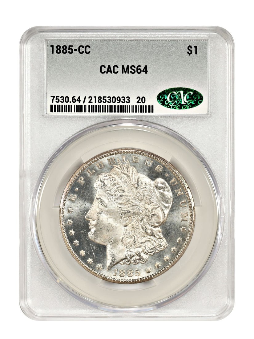 Carson City Mint Morgan Silver Dollar 1885 CACG MS64 Certified: Carson City Mint Morgan Silver Dollar 1885 CACG MS64 Certified This is an 1885-CC Morgan Dollar, certified by CACG and graded MS64. The coin is uncirculated, featuring a radiant appearance with a ligh