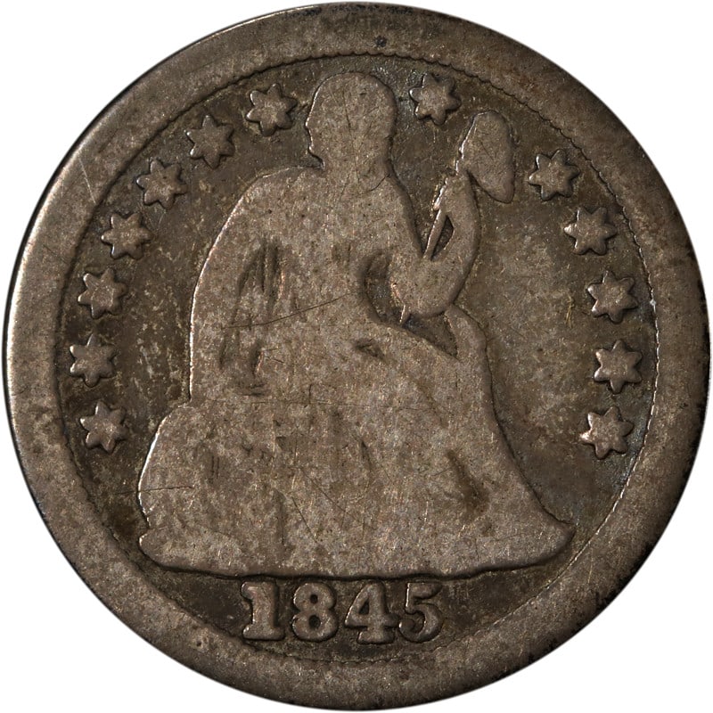 1845-O Silver Dime from New Orleans Mint Seated Liberty: 1845-O Silver Dime from New Orleans Mint Seated Liberty This is an 1845-O Seated Liberty Dime struck at the New Orleans Mint. The coin is composed of silver and is in circulated, pre-owned condition.