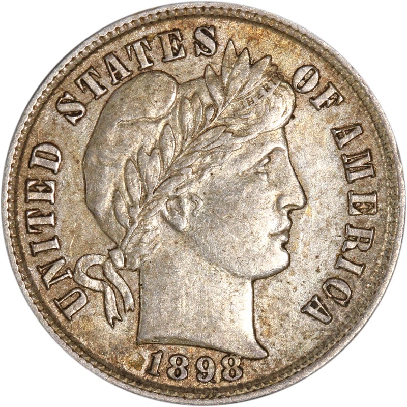 1898 Philadelphia Silver Barber Dime Circulated US Coin: 1898 Philadelphia Silver Barber Dime Circulated US Coin This is a 1898-P Barber Dime from the United States, minted in Philadelphia. The coin is composed of silver and is circulated, classified in pre