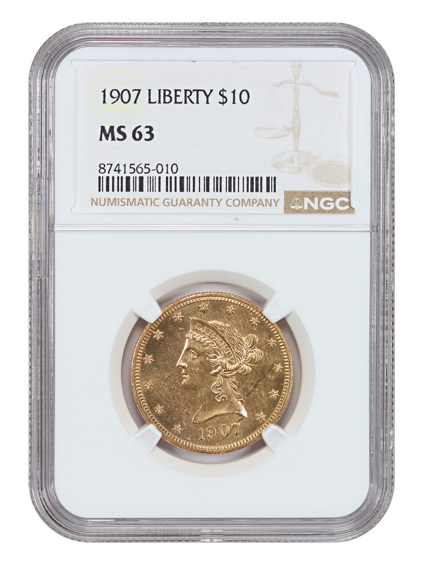 1907 Liberty Head Eagle Gold Coin NGC MS63 Graded: 1907 Liberty Head Eagle Gold Coin NGC MS63 Graded This 1907 Liberty Head $10 gold coin is certified by NGC with a grade of MS63. Struck in Philadelphia, it represents the final year of the Liberty Hea