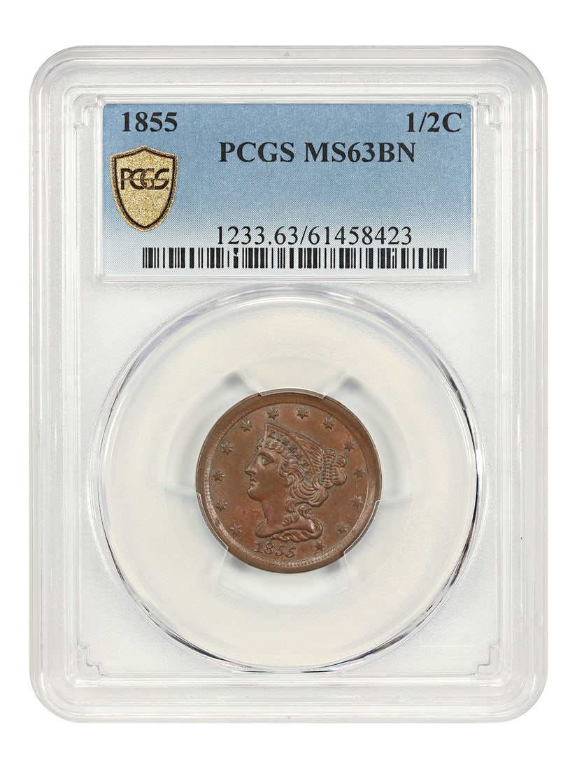PCGS MS63BN 1855 Braided Hair Half Cent Philadelphia Mint: PCGS MS63BN 1855 Braided Hair Half Cent Philadelphia Mint This 1855 Braided Hair Half Cent is graded MS63BN by PCGS, indicating an uncirculated coin with a brown designation. It features the classic B