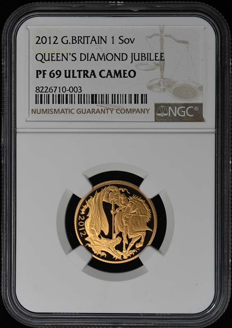 1 Sovereign 2012 Queen's Diamond Jubilee NGC PR69 United Kingdom Coin: 1 Sovereign 2012 Queen's Diamond Jubilee NGC PR69 United Kingdom Coin This 2012 Great Britain Queen's Diamond Jubilee 1 Sovereign coin is certified by NGC with a grade of PR69 Deep Cameo. The coin is
