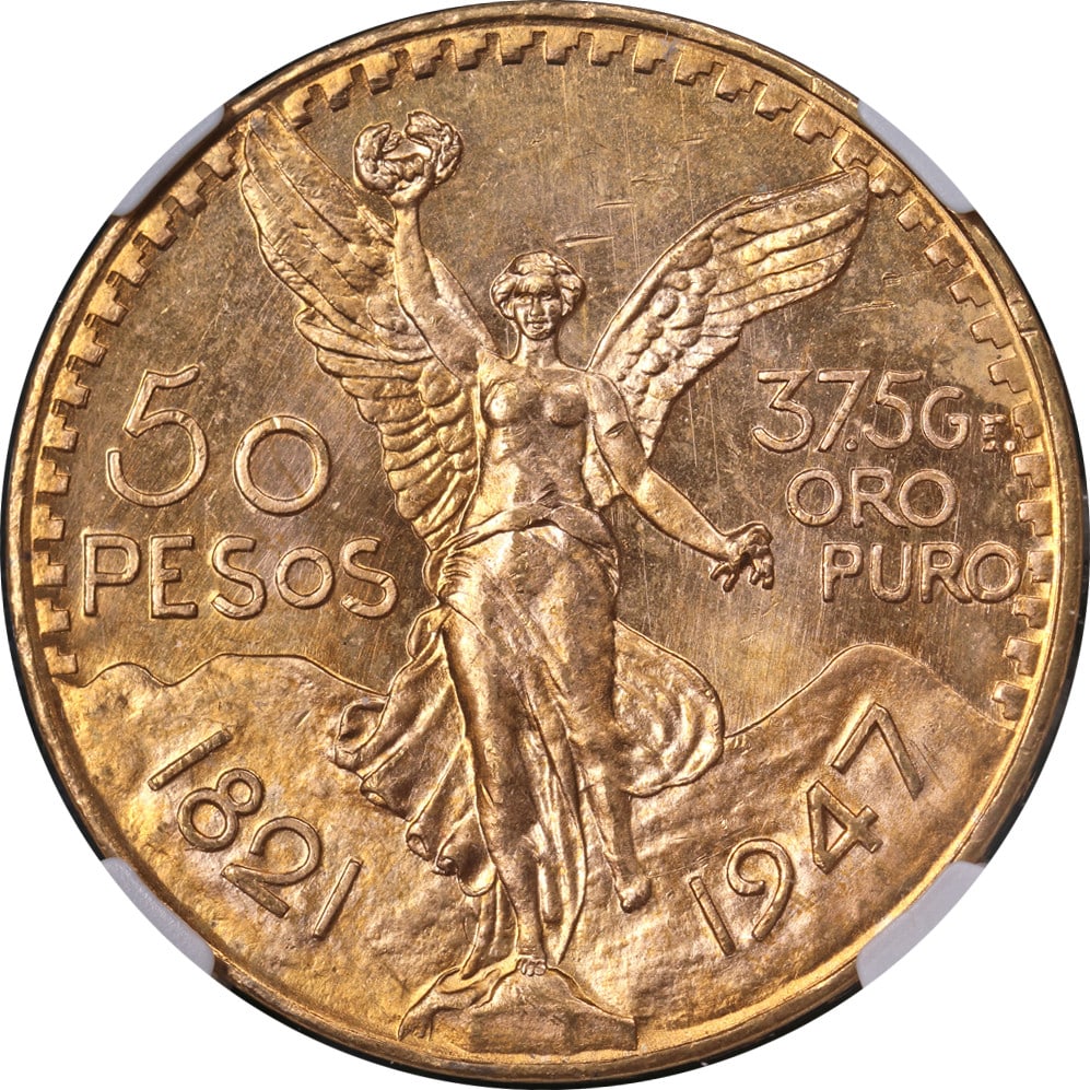 NGC MS65 1947 Mexican 50 Peso Gold Coin Restrike: NGC MS65 1947 Mexican 50 Peso Gold Coin Restrike This is an original 1947 Mexico Gold 50 Peso Restrike coin, certified by NGC with a grade of MS65. The coin boasts strong strike, excellent luster, and