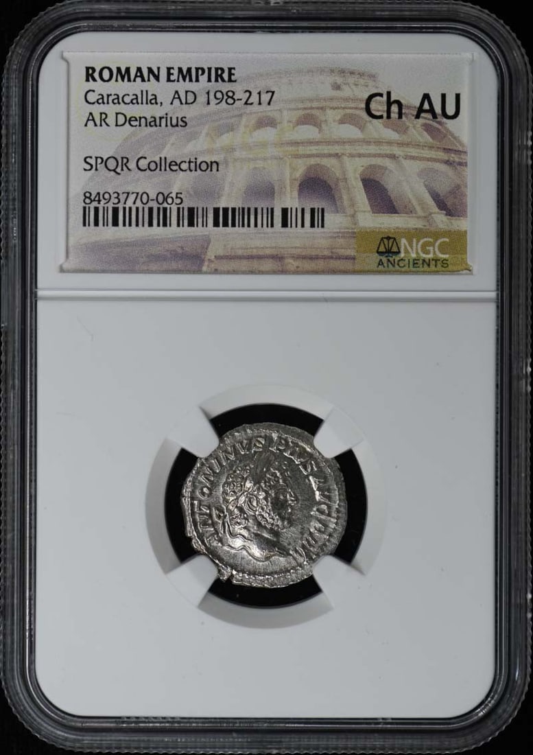 Roman Empire Denarius Silver Coin Caracalla AD 198-217 NGC AU55: Roman Empire Denarius Silver Coin Caracalla AD 198-217 NGC AU55 This is a Roman Empire AR Denarius from the reign of Caracalla, dating between AD 198-217. The coin has been certified by NGC and graded